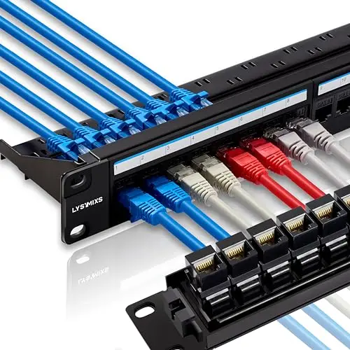 Panneau de brassage RJ45 à 24 ports Cat6 - Coffret de Communication RJ45 - Panneau de brassage réseau - 48 cm - Panneau de brassage Ethernet Keystone - Avec barre arrière