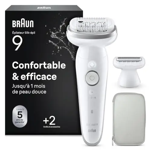 Braun Epilateur Electrique Femme Silk Epil 9, 9-041, Argent – Etanche, sans Fil, Tête Pivotante, Coffret avec Sabot Tondeuse, Embout de Rasage
