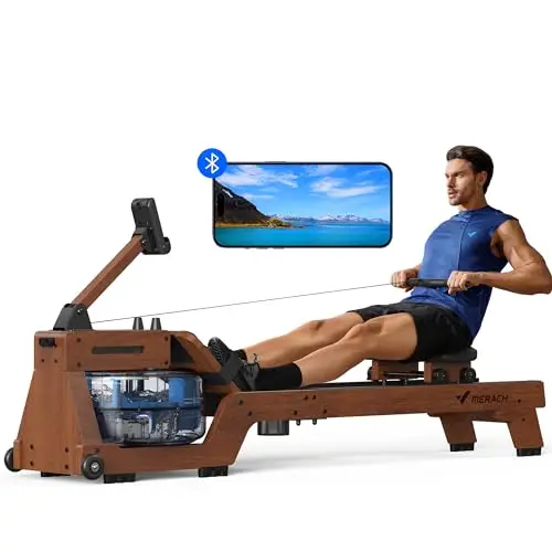 MERACH Rameur d'appartement, Expérience d'aviron Immersive avec Bois d'hévéa et réservoir d'eau de 22 L et APP Exclusive, Moniteur Professionnel et Support de Tablette(R14)