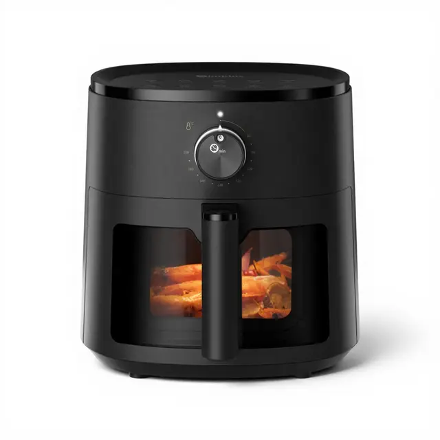 SIMPLUS Air Fryer 5L avec Fenêtre Visible, Friteuse sans Huile 1300W, 10 Menus Guidés, Contrôle par Molette, Technologie 3D Cyclone, Cuisson Vapeur, 60-200°C, Friteuse à Air pour Famille, Noir