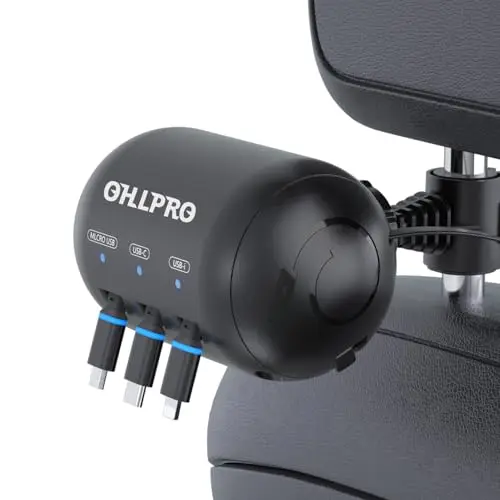 OHLPRO Station de Recharge Rétractable pour Siège Arrière de Voiture, Chargeur Voiture pour Appui-tête 3 en 1 avec Ports USB, Lightning et Type-C, Super pour Chauffeur Taxis, VTC, Uber, etc