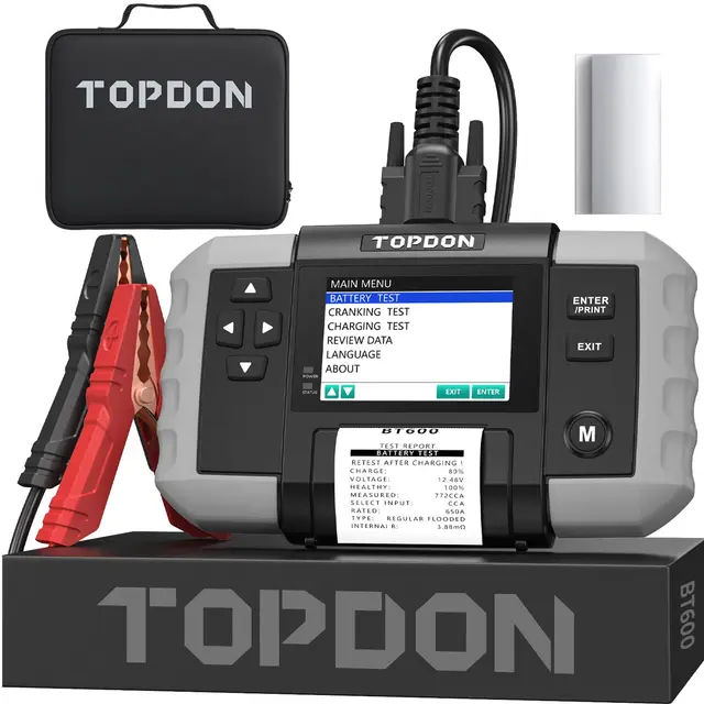 TOPDON Testeur de batterie BT600, 12V 24V Testeur Batterie Voiture kfz avec imprimante 100 à 2000 CCA écran couleur de 3,5 pouces câble de 5,9 pieds, mini USB pour les mises à jour logicielles