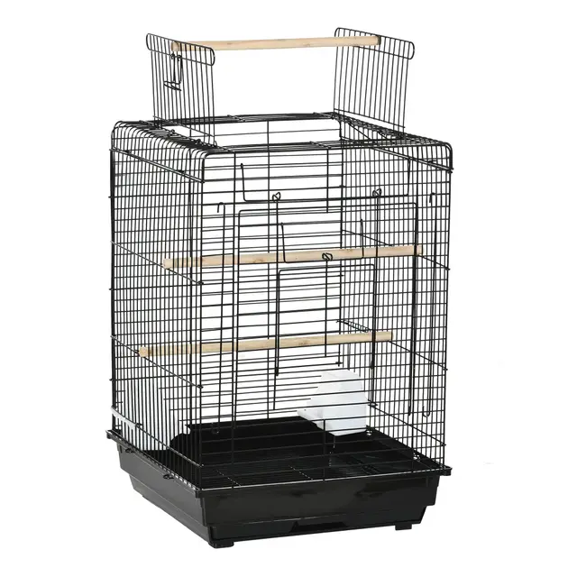 PawHut Cage à Oiseaux en métal avec mangeoires perchoirs Plateau Amovible poignée dim. 40L x 40l x 59H cm Noir