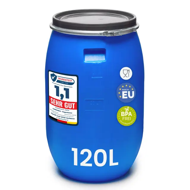 Garronda réservoir d'eau de 120 litres, Baril Alimentaire, fût à Large Ouverture en HDPE et sans BPA, tonneau de Jardin, bac à Aliments pour Animaux, conteneur d'eau, tonneau Universel GD-0078, Bleu