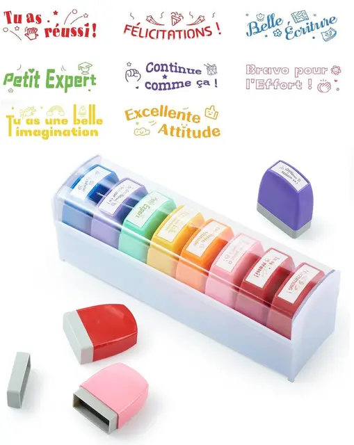 LAOYE Tampons Enseignants Français 8PCS Tampon Auto Encreur pour Cadeau Professeur Tampon Ecole Avec Boîte pour Encourager Élèves
