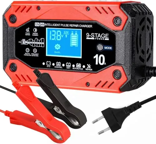 Chargeur Batterie Voitures, 10A 12V/5A 24V Intelligent Chargeur de Batterie Voiture Moto Automatique Réparation Fonction Portable Chargeurs de Batterie pour Auto Moto Camion, AGM, Gel, Wet, SLA