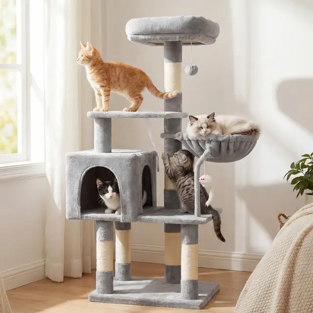 Hey-brother Arbre à Chat, Un Tour de Jeux pour Chats avec Jouets, Une Tour pour Chats intérieure équipée d'un perchoir bourré de Peluche et d'un hamac Confortable, Gris 0EMPJ004SW-N