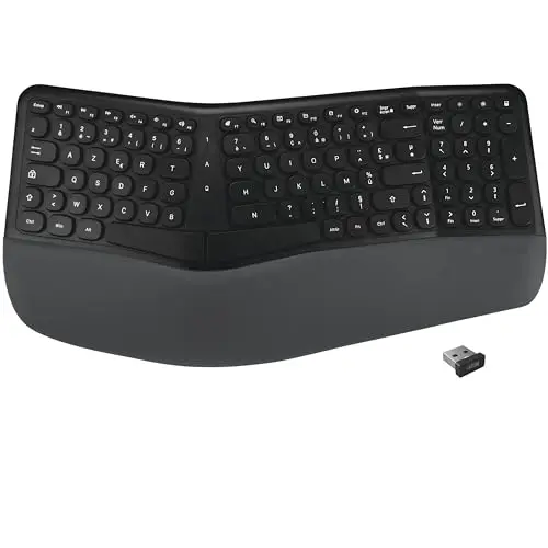 APM Clavier Ergonomique sans-Fil, Récepteur 2.4 GHz, Repose Poignet intégré, Clavier Français AZERTY, Conception en Deux Parties, Compatible avec PC Mac Ordinateur Portable, 100043