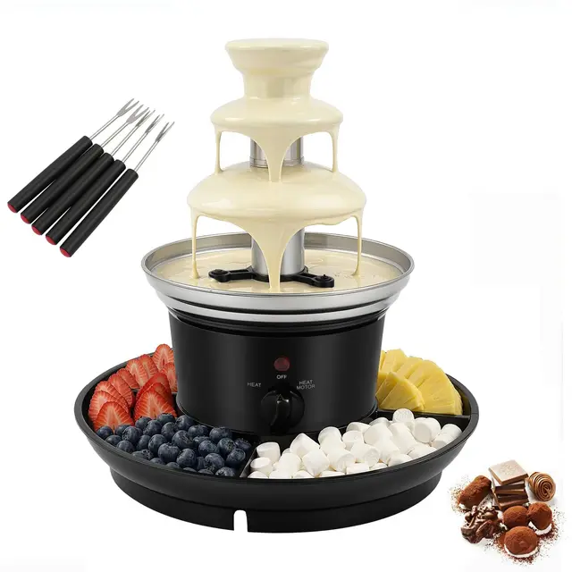 Fontaine à chocolat 25 W - Fondue au chocolat - Fondue à 3 niveaux avec plateau alimentaire - Fontaine à chocolat en acier inoxydable - Fontaine à chocolat noire - Pour réunions de famille