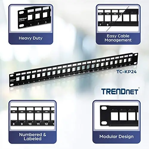 TRENDnet, TC-KP24, 24-Port Blank Keystone 1U Patch Panel, 1U 19" Metal Rackmount Housing, Recommandé avec TC-K25C6 & TC-K50C6 Cat6 Keystone Jacks (vendus séparément)