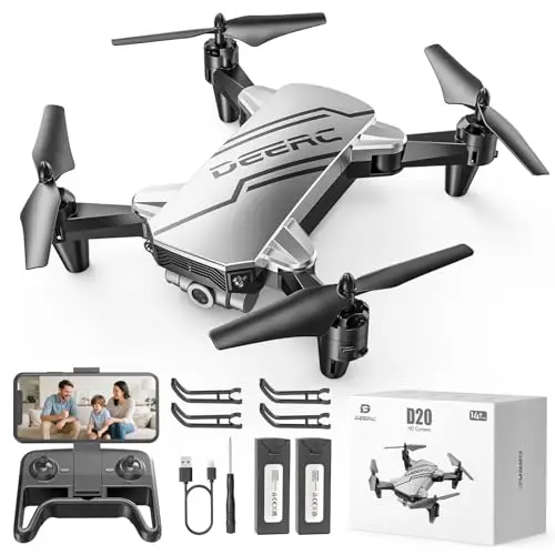 DEERC Mini Drone avec caméra quadricoptère 1080P pour enfants ou adultes avec 2 batteries, pliable, commutation automatique de la souris, contrôle vocal/gestuel, contrôle de la vitesse D20 Bleu