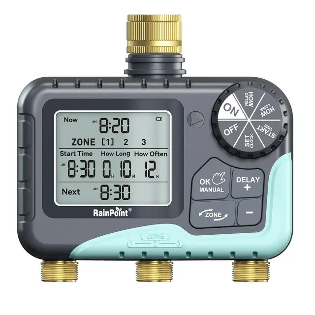RAINPOINT Programmateur Arrosage 3 Sorties, entrée et Sortie en Laiton, Programmateur d'arrosage Automatique avec Retard De Pluie/Arrosage Manuel/Grand écran LCD, Minuterie D'arrosage pour Jardin