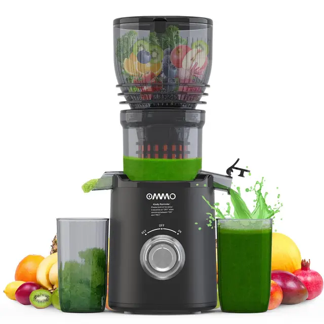 OMMO Slow Juicer, 300W Extracteur de Jus de Fruits et Légumes avec Goulotte de 148 mm, Machine à Jus électrique Facile à Nettoyer avec 2 Tasses PC, Sans BPA, Noir