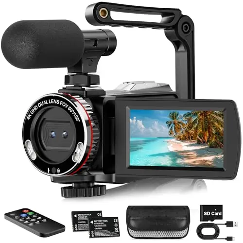 Caméra vidéo 4K 64 MP Enregistreur Photo/vidéo 4K 60 FPS, caméscope numérique pour Youtube Vlogging avec stabilisateur Portable/Microphone/Carte SD/2 Piles/télécommande