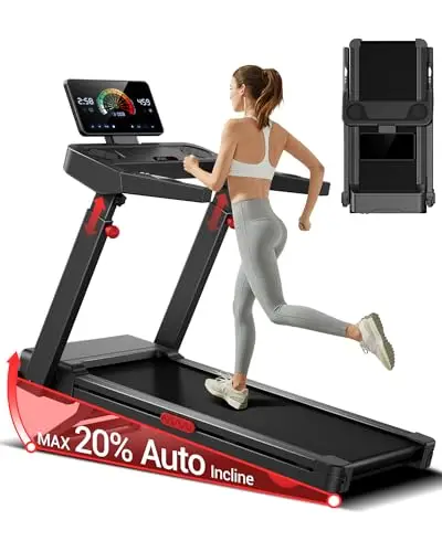 LONTEK Tapis de Course avec Inclinaison Automatique de 20%, 14KM/H Tapis Roulant Pliable avec Console Réglable sur 4 Niveaux, Treadmill avec Moteur 3,5CV et Affichage LED, Charge Max 180KG