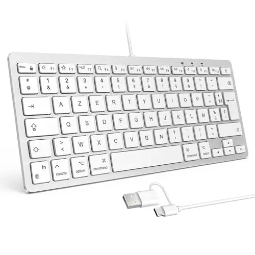 OMOTON Clavier Filaire pour Mac, Clavier Compact Portable à Double Interface USB et Type-C Compatible avec Apple Mac Pro/Mini, MacBook Pro/Air, iMac Pro, AZERTY Français, Argent