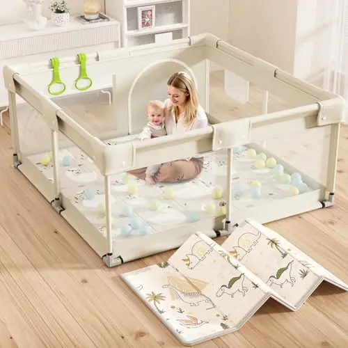 Beige Parc Bebe 120x120cm - Parc Bébé avec Tapis et Toile Oxford Durable, 2 Poignées Incluses, Idéal pour Petits Appartements
