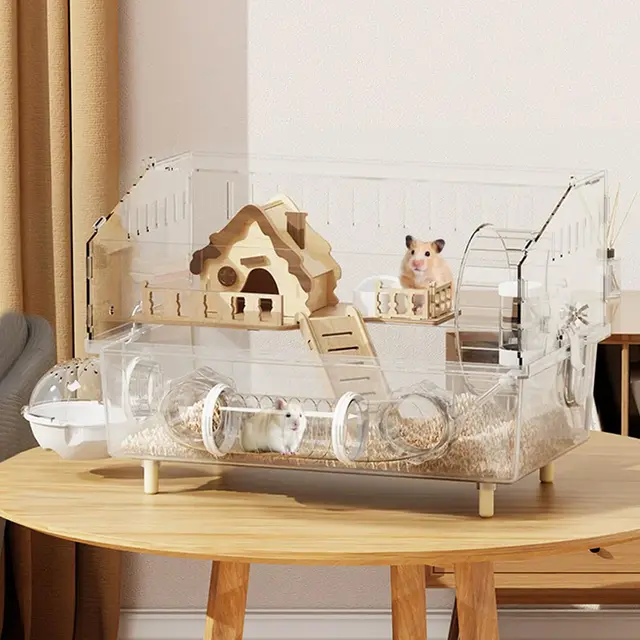 Cage en acrylique pour hamster avec accessoires, transparente, 45 × 30 × 33 cm, avec roue, tunnel, maison en bois, gourde et gamelle – Grande cage pour hamsters nains et souris