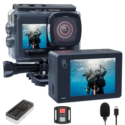 Apexcam Caméra Sport 4K 60FPS, Action Cam WiFi avec Double Écran Camera sous-Marine, Stabilisation EIS Étanche 40M avec 2 Batteries 1350mAh, Kit d’Accessoires et Télécommande 2.4G
