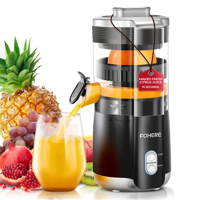 FOHERE Presse Agrumes Automatique Electrique Sans BPA, 2 Cônes Interchangeables, Puissant Moteur Silencieux de 100 W, Bec Anti-gouttes, Jus de Fruit Frais Rapide