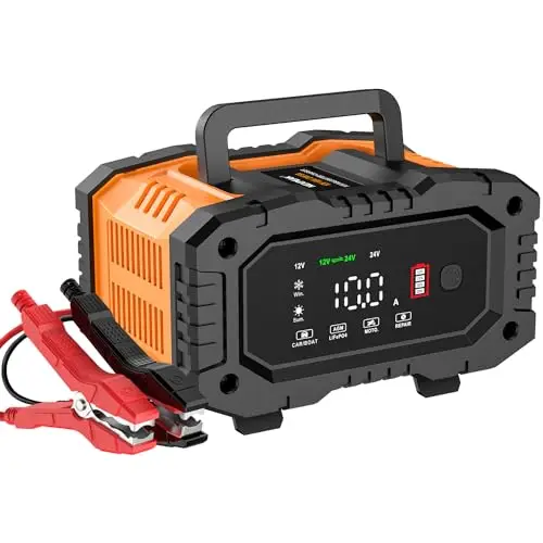 Chargeur de Batterie Intelligent 10A, 12V 24V LiFePO4 Chargeurs de Batterie pour Auto, Mainteneur de Automatique avec Compensation de Température pour Voiture Moto Camion, AGM, Gel, Wet, SLA