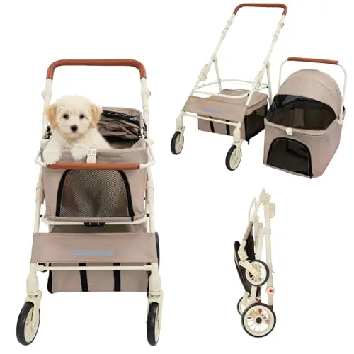 Poussette pour chien 2 en 1 et boîte de transport, pliable jusqu'à 15 kg, avec poignée réglable en hauteur, roues en caoutchouc à 360°, poussette pour petits chiens et chats (café)