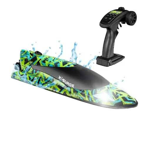OVERMAX X-Surge Bateau de Course RC Télécommandé avec Lumière LED 35 km/h 1200 mAh Batteries 30 Min d'amusement Vitesse Réglable Jusqu'à 100 m, Jouet pour Piscine et Lacs