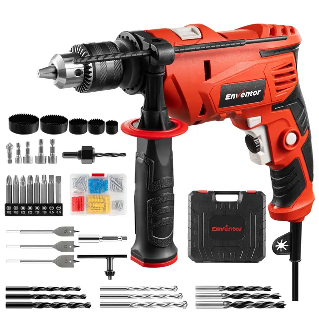 ENVENTOR Perceuse à Percussion Filaire 900W, Perceuse électrique avec 36 Accessoires, Fonction 2 en 1, 0-3000 tr/min, Poignée Rotative à 360°, mandrin de perçage 13 mm, pour Béton, Métal et Bois