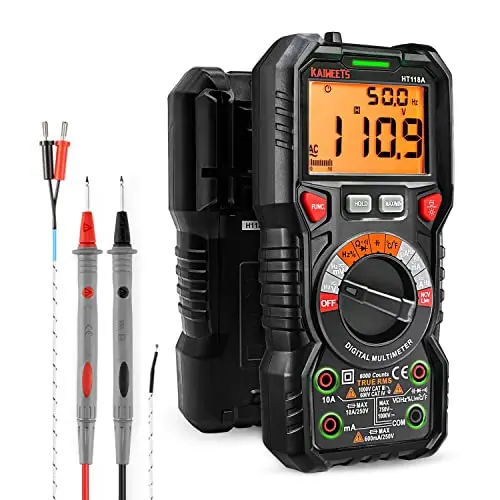 KAIWEETS Multimètre Automatique Numérique, TRMS 6000 Comptes (Guide de Bornes LED), Ampèremètre, Testeur Electrique Professionnel, Température Capacimètre Tension/Courant CA/CC Résistance/Fréquence
