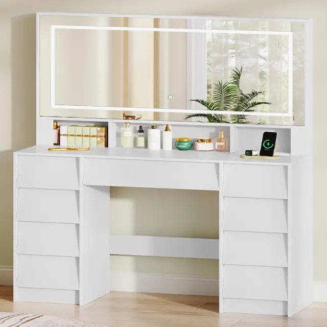 Hzuaneri Coiffeuse avec Miroir, Grande Coiffeuse avec Éclairage LED, Multiprise, Vanity Table avec Rangement 9 Tiroirs et 3 Espaces Ouverts, Chambre, Style Moderne, Blanc 1180303XEU