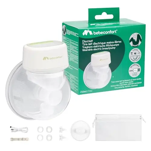 Bebeconfort Discreet Tire lait electrique main libre, Tire-lait nomade, expression silencieuse (51 db), 3 modes d'expression, 15 réglages d'intensité, batterie longue durée, grand conteneur de 210ml