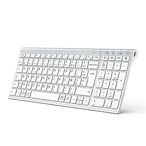 iClever Clavier Bluetooth, Clavier sans Fil Rechargeable Connecter 1 à 3 appareils AZERTY Mac iPad air Pro Tablette Ordinateur PC iPhone iOS Android Windows Ultra-Mince