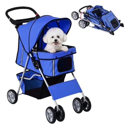PawHut Poussette buggy pliable animaux chariot pliante chien chat porte-gobelet panier de rangement inclus roues avec frein tissu 600D Oxford acier 75 x 45 x 97 cm bleu