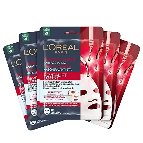 L'Oréal Paris Lot de 5 masques anti-âge avec triple puissance pour femme : pour une peau ferme, rayonnante et uniforme avec pro-rétinol, vitamine C et acide hyaluronique, RevitaLift Laser X3, lot de 5