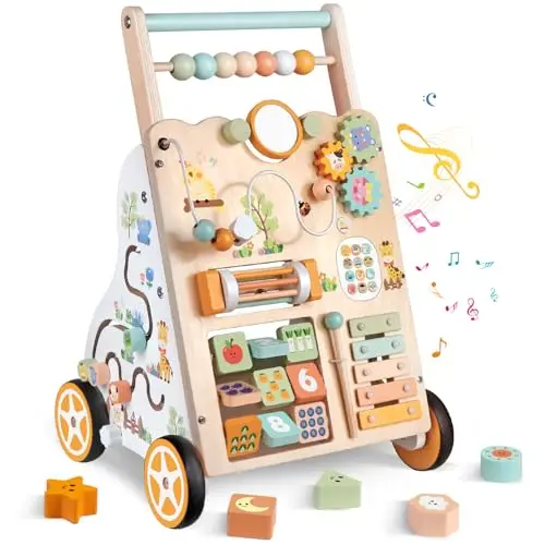 Chariot de Marche en Bois pour Bébé – Jouet Montessori à Trotteur avec Centre d’Activités – Hauteur et Vitesse Réglables – pour Fille et Garçon de 12 Mois et Plus (Naturelle)