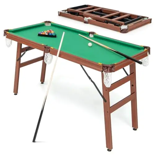 COSTWAY Table de Billard Americain Pliable avec Accessoires(2 Queues, 16 Boules, Triangle, 2 Craies, Brosse), Jeu de Billard avec Pieds Réglables, Marron et Tapis Vert, 138 x 67 x 79,5 CM