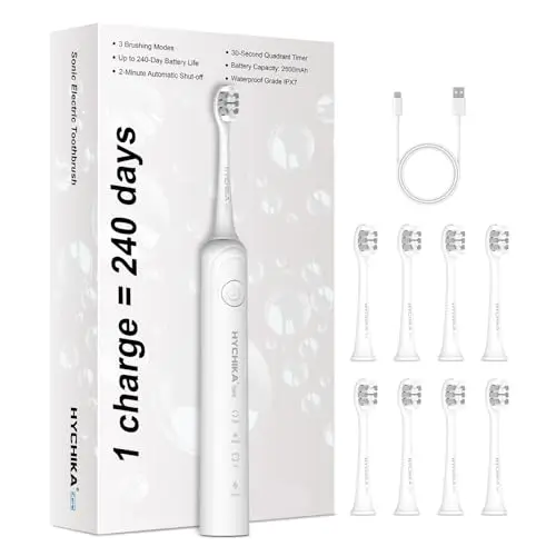 Autonomie de 240 jours Brosse à dents électrique pour Adultes,8 Têtes de Rechange,Batterie Rechargeable,3 Modes, Minuterie de 2,étanche IPX7,Cadeau pour la Famille,Blanc