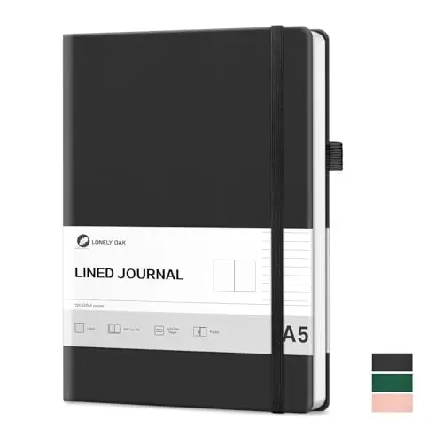 Lonely Oak Ligné Journal Carnet de Notes, 160 Pages A5 Carnet Cahier Relié Pour Femme & Homme, 120GSM Papier Sans Acide Avec Couverture Rigide en Cuir et Poche Intérieure (Noir)