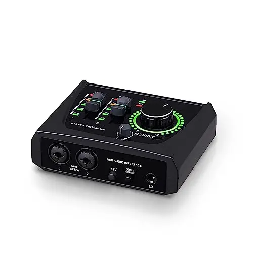 BOMGE Mini interface audio USB à 2 canaux pour enregistrement, streaming et podcasting, avec alimentation fantôme XLR/48 V, interface audio de qualité studio pour guitariste, chanteur, podcasteur ou