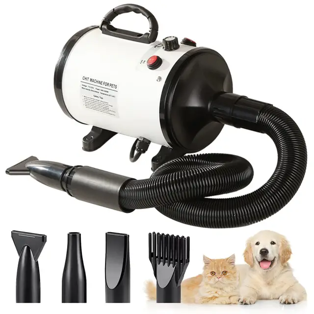 Pulseur Chien Professionnel Séchoir Sèche-Poils Toilettage Sèche-Cheveux pour Chien Chat animaux 2800W Vitesse Continue et température réglable avec 4 Buses (Blanc)