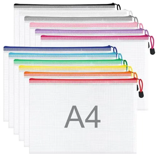 WISYOK Pochette Plastique Zippée A4, 12pcs Pochette Rangement, Étanche, PVC Transparent, Document Dossier pour Voyage, Bureau (12 Couleurs)