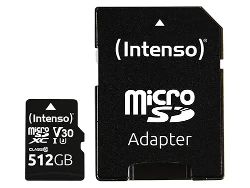 Intenso Carte mémoire microSDHC Professionnelle 512 Go Classe 10 UHS-I, U3, V30 avec Adaptateur SD, pour Enregistrement 4K, GoPro, Insta 360, DJI, Osmo, Steam Deck, Drone, caméra d'action, Noire