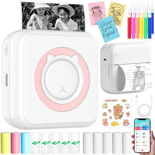 Mini Imprimante Autocollant, Imprimante Photo Portable, Imprimante Thermique, Mini Instantané sans Fil, Thermique Photo Instantané, pour Photos, Liste d'Étiquettes, Reçus, Mémos