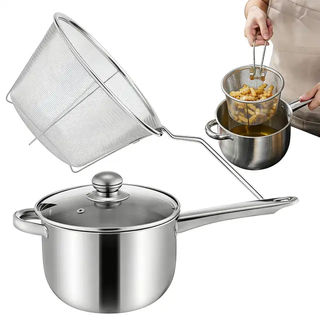 Friteuse – Ensemble de récipients de cuisine en acier inoxydable de 38 cm avec revêtement en céramique, batterie de cuisine de grande capacité avec panier et couvercle | Outil de préparation des repas