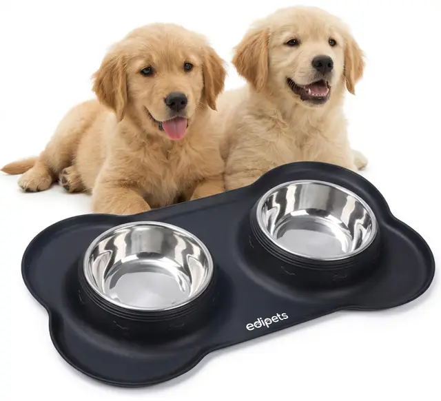 Edipets, Gamelle Chat Chien, Double Bol en Acier Inoxydable, Antiderapante, avec Tapis en Silicone Anti-Débordement (480, Noir)