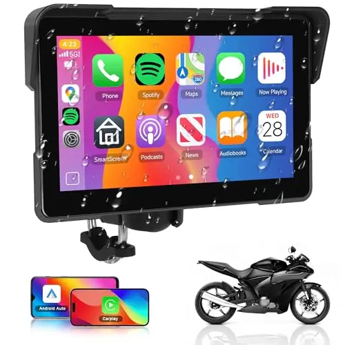 Rimoody Écran Carplay de 7 pouces pour moto sans fil Carplay et Android Auto, Display pour motos, autoradio Airplay/Android Cast/Dual Bluetooth/Navigation/IP67 étanche