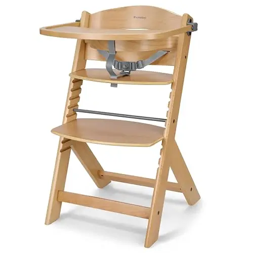 KikkaBoo Chaise Haute Bébé Évolutive en Bois NORDY, Bois de Hêtre, Réglable jusqu’à 35 kg, Plateau Amovible, Siège et Repose-Pieds Réglables, Harnais 3 Points, Bois