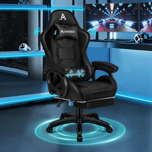 ALFORDSON Chaise Gaming Fauteuil Gamer, Chaise de Bureau Ergonomique avec Massant 2 Points, Repose Pied, Réglable Appui-tête Support Lombaire, Dossier Haut, Dossier Inclinable à 150°,Noir