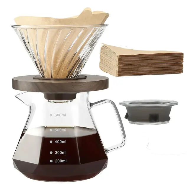 Lalord Verser Over Cafetière, Carafe en Verre Borosilicaté de 600 ml avec Filtre en Papier Taille 02 100 Feuilles, Poignée en Noyer et Couvercle de Cafetière