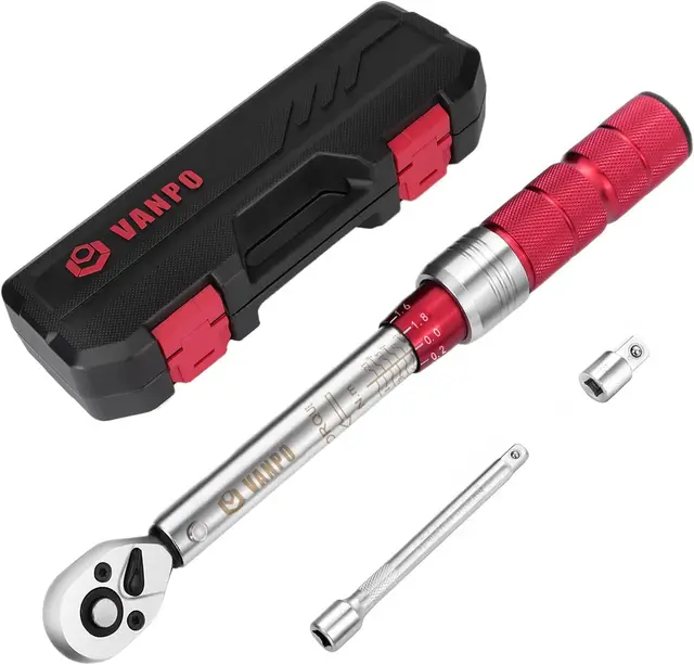 VANPO Clé Dynamométrique 1/4", Clé de Torsion 3-25 Nm, Précision ± 3% con Bouton de Libération Rapide, Tête à Cliquet Réversible, Barre d'extension, 3/8" Adaptateur pour Vélos Route y Montagne, Moto